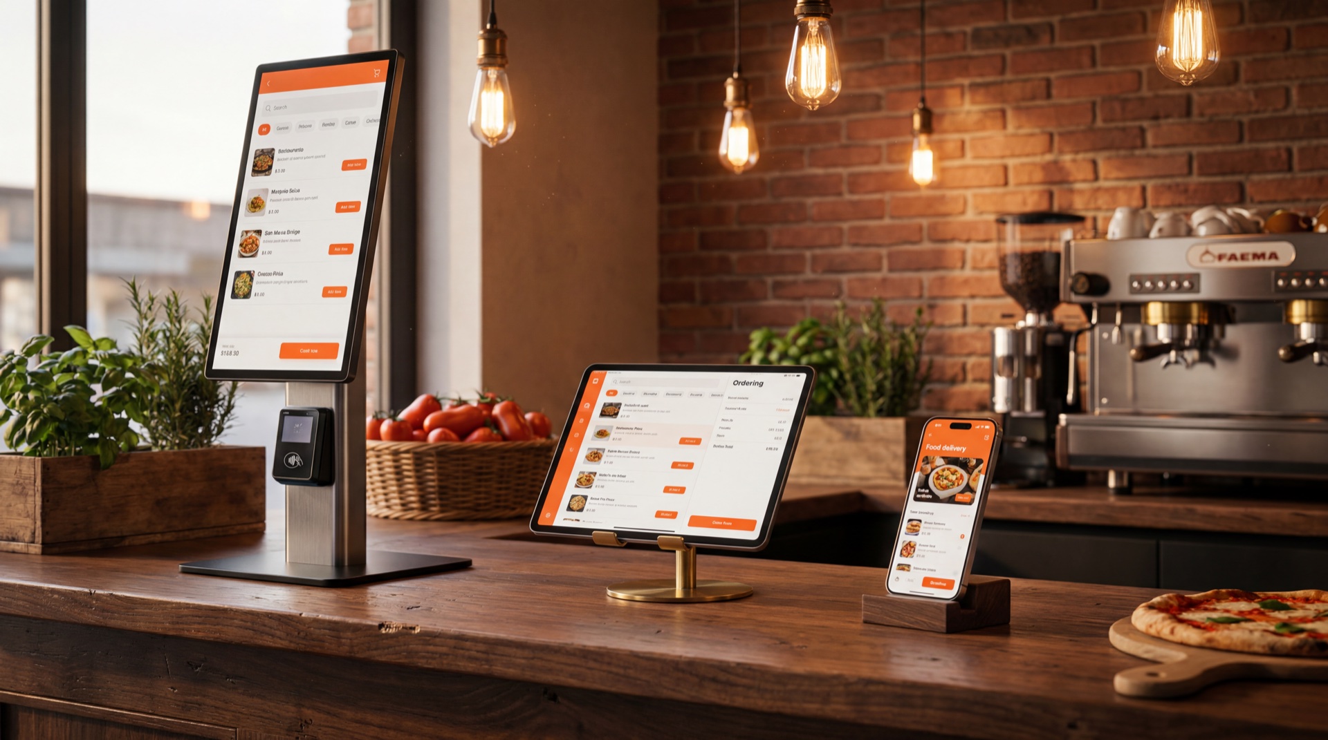 Bestell-Tablet, Smartphone und Self-Order-Kiosk auf einem warmen Bistro-Tresen mit Backsteinwand und Edison-Pendelleuchten